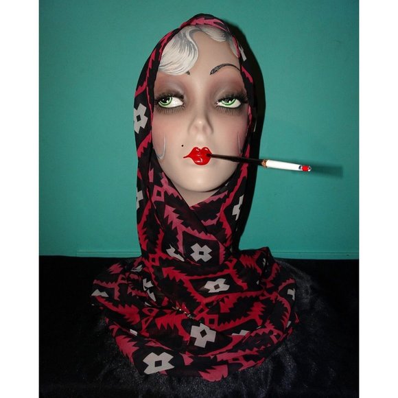 Vintage Black & Pink Southwest Motif Infinity Scarf semi sheer head wrap - Picture 8 of 14